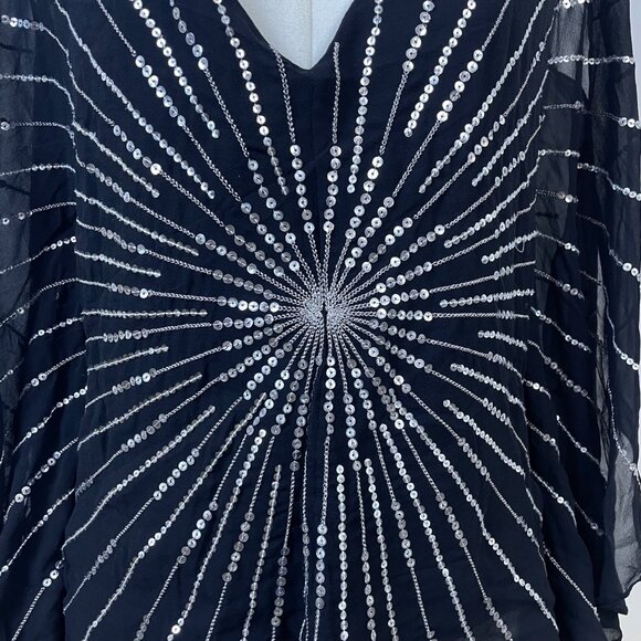 BCBGMAXAZRIA  Black Sequined Chiffon Top Blouse Small Starburst Design Sz S - Picture 5 of 8